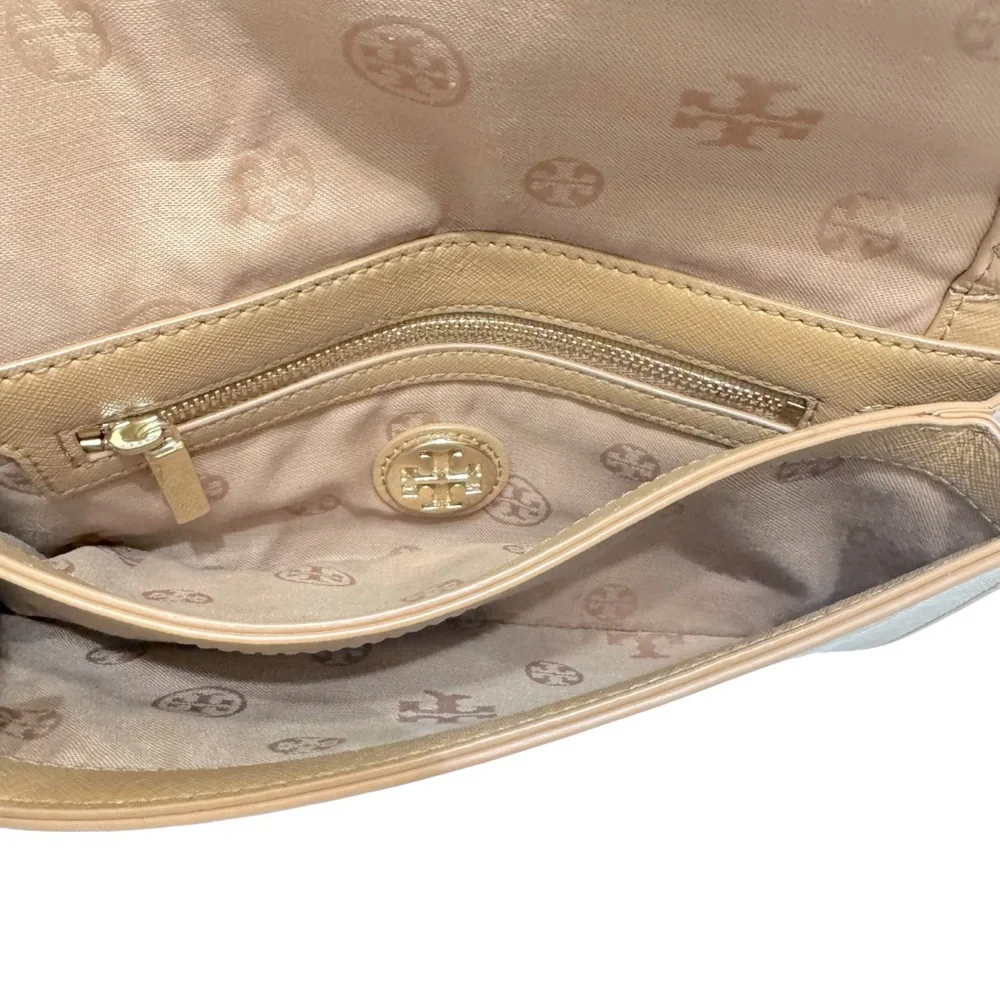Tory Burch Sand Adalyn Clutch/Shoulder Bag in Patent Saffiano Leather Gold Chain